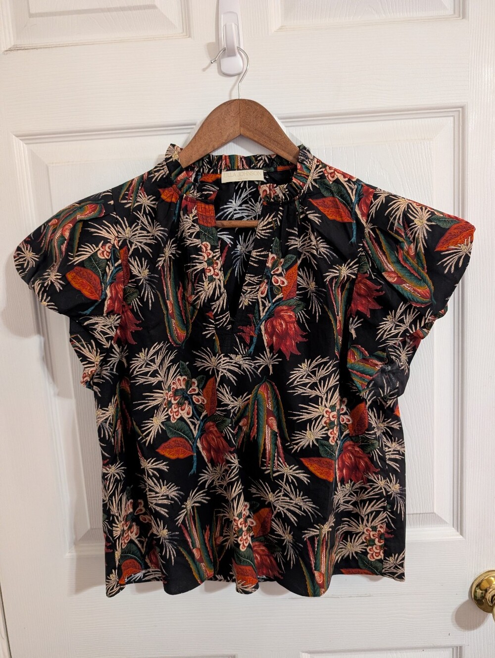 Ulla Johnson Klara Blouse Womens Black Floral Botanical Puff Sleeve Boho Size 4